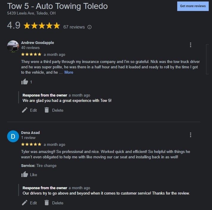 Customer Reviews For Tow 5 Towing Company